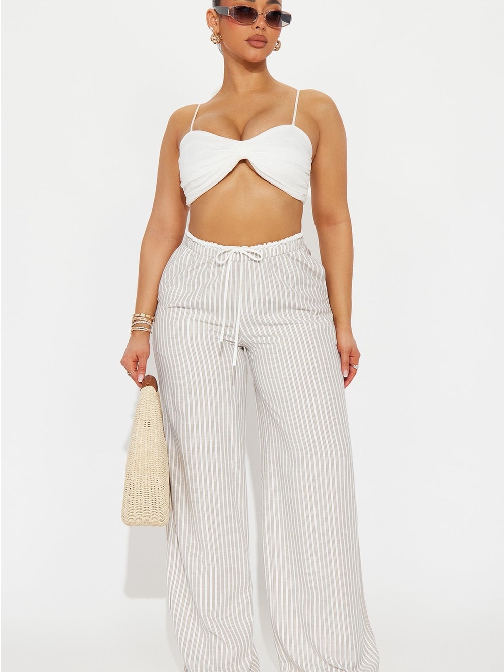 Fashion Nova White and Beige Striped Wide-Leg Drawstring Pants